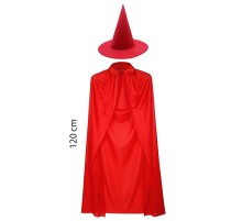 Yetişkin Boy 120 cm Kırmızı Yakalı Pelerin ve Kırmızı Cadı Şapkası