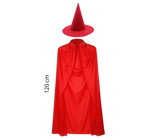toptan-xml-dropshipping-Yetişkin Boy 120 cm Kırmızı Yakalı Pelerin ve Kırmızı Cadı Şapkası