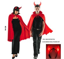Kırmızı Yakalı Yetişkin Çocuk Uyumlu 90 cm Halloween Pelerin ve Işıklı Boynuz Taç Seti