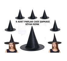 Halloween Siyah Renk Parlak Dralon Cadı Şapkası Yetişkin ve Çocuk Uyumlu 6 Adet