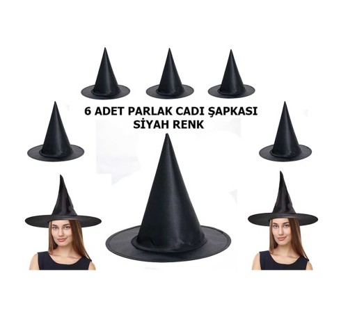 toptan-xml-dropshipping-Halloween Siyah Renk Parlak Dralon Cadı Şapkası Yetişkin ve Çocuk Uyumlu 6 Adet
