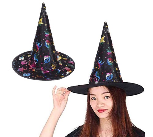 toptan-xml-dropshipping-Cadı Şapkası Siyah Üzeri Rengarenk Balkabağı Cadı Figür Baskılı 38x34 cm
