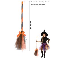 Turuncu Cadı Süpürgesi - Halloween Siyah Fiyonklu Tüllü Cadı Süpürgesi 80-85 cm