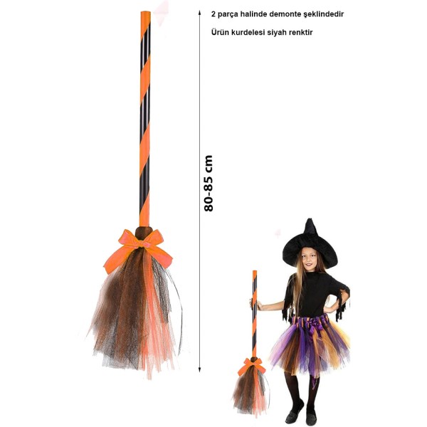 toptan-xml-dropshipping-Turuncu Cadı Süpürgesi - Halloween Siyah Fiyonklu Tüllü Cadı Süpürgesi 80-85 cm