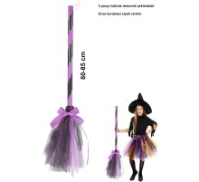 Pembe Cadı Süpürgesi - Halloween Siyah Fiyonklu Tüllü Cadı Süpürgesi 80-85 cm