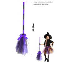 Mor Cadı Süpürgesi - Halloween Siyah Fiyonklu Tüllü Cadı Süpürgesi 80-85 cm
