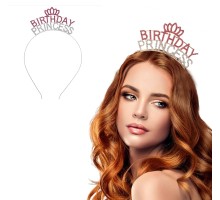 Kristal Taşlı Pembe Birthday Princess Yazılı Parti Tacı 19x11 cm