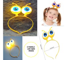Led Işıklı & Pilli 3 Farklı Modda Yanan Uzaylı Göz Parti Tacı Sarı Renk 18x12 cm