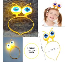 Led Işıklı & Pilli 3 Farklı Modda Yanan Uzaylı Göz Parti Tacı Sarı Renk 18x12 cm