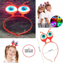 Led Işıklı & Pilli 3 Farklı Modda Yanan Uzaylı Göz Parti Tacı Kırmızı Renk 18x12 cm