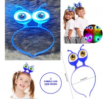 Led Işıklı & Pilli 3 Farklı Modda Yanan Uzaylı Göz Parti Tacı Mavi Renk 18x12 cm