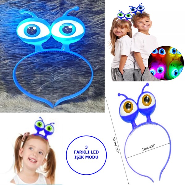 toptan-xml-dropshipping-Led Işıklı & Pilli 3 Farklı Modda Yanan Uzaylı Göz Parti Tacı Mavi Renk 18x12 cm