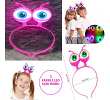 Led Işıklı & Pilli 3 Farklı Modda Yanan Uzaylı Göz Parti Tacı Pembe Renk 18x12 cm