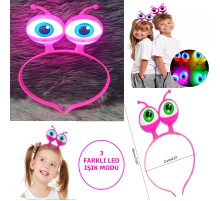 Led Işıklı & Pilli 3 Farklı Modda Yanan Uzaylı Göz Parti Tacı Pembe Renk 18x12 cm