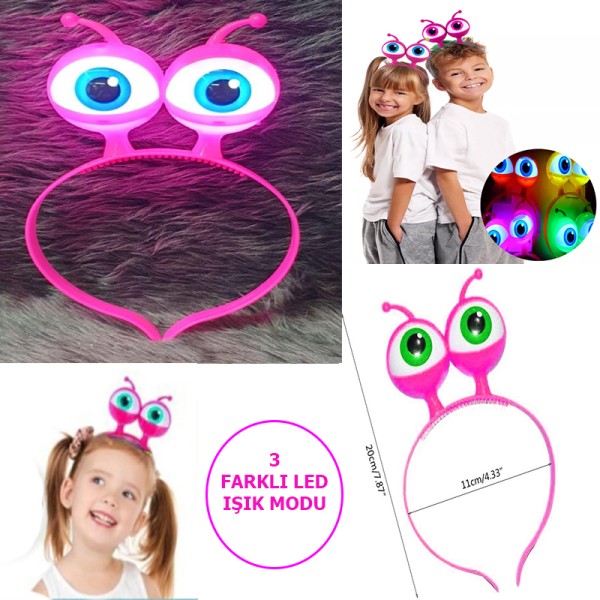toptan-xml-dropshipping-Led Işıklı & Pilli 3 Farklı Modda Yanan Uzaylı Göz Parti Tacı Pembe Renk 18x12 cm