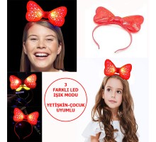 Led Işıklı & Pilli 3 Farklı Modda Yanan Yıldızlı Fiyonk Parti Tacı Kırmızı Renk 19x15 cm