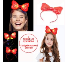 Led Işıklı & Pilli 3 Farklı Modda Yanan Yıldızlı Fiyonk Parti Tacı Kırmızı Renk 19x15 cm