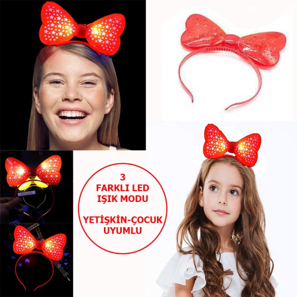 toptan-xml-dropshipping-Led Işıklı & Pilli 3 Farklı Modda Yanan Yıldızlı Fiyonk Parti Tacı Kırmızı Renk 19x15 cm