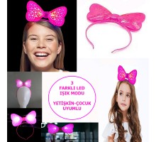 Led Işıklı & Pilli 3 Farklı Modda Yanan Yıldızlı Fiyonk Parti Tacı Pembe Renk 19x15 cm