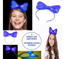 Led Işıklı & Pilli 3 Farklı Modda Yanan Yıldızlı Fiyonk Parti Tacı Mavi Renk 19x15 cm