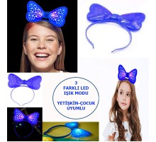 Led Işıklı & Pilli 3 Farklı Modda Yanan Yıldızlı Fiyonk Parti Tacı Mavi Renk 19x15 cm