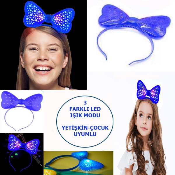 toptan-xml-dropshipping-Led Işıklı & Pilli 3 Farklı Modda Yanan Yıldızlı Fiyonk Parti Tacı Mavi Renk 19x15 cm