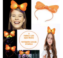 Led Işıklı & Pilli 3 Farklı Modda Yanan Yıldızlı Fiyonk Parti Tacı Turuncu Renk 19x15 cm