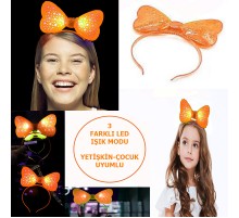 Led Işıklı & Pilli 3 Farklı Modda Yanan Yıldızlı Fiyonk Parti Tacı Turuncu Renk 19x15 cm