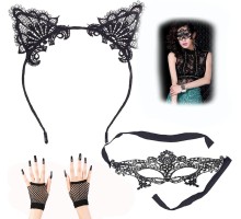 Dantel Parti Maskesi Dantel Kulak Taç Kısa File Örgü Eldiven 3 lü Set Siyah Renk