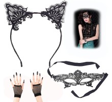 Dantel Parti Maskesi Dantel Kulak Taç Kısa File Örgü Eldiven 3 lü Set Siyah Renk