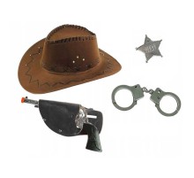 Çocuk Boy Kahverengi Kovboy Şapka Rozet ve Kelepçe Seti 4 Parça