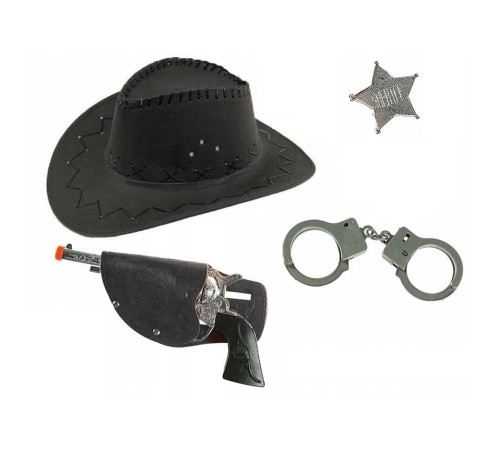 toptan-xml-dropshipping-Çocuk Boy Siyah Kovboy Şapka Tabanca Rozet ve Kelepçe Seti 4 Parça
