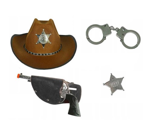 toptan-xml-dropshipping-Çocuk Boy Kahverengi Şerif-Kovboy Şapka Tabanca Rozet ve Kelepçe Seti 4 Parça