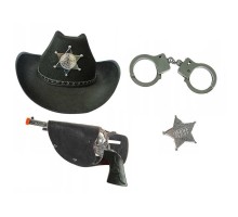 Çocuk Boy Siyah Şerif-Kovboy Şapka Tabanca Rozet ve Kelepçe Seti 4 Parça