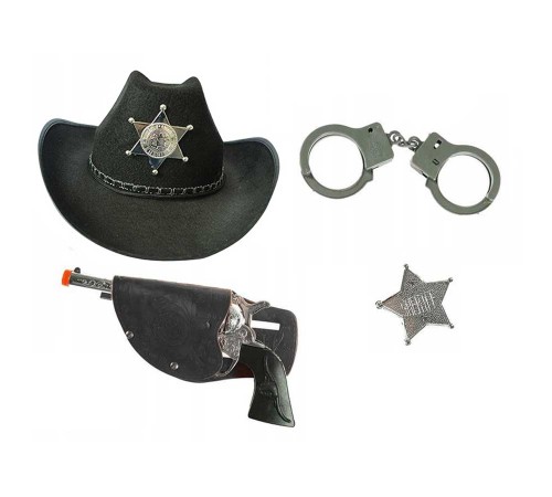 toptan-xml-dropshipping-Çocuk Boy Siyah Şerif-Kovboy Şapka Tabanca Rozet ve Kelepçe Seti 4 Parça