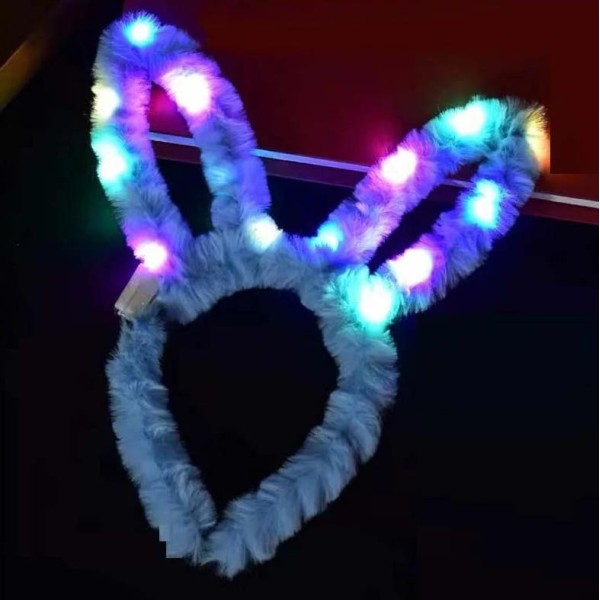 toptan-xml-dropshipping-Led Işıklı Peluş Pofuduk Tavşan Kulak Tavşan Taç Bebek Mavisi 17X23 cm