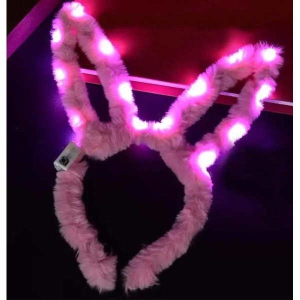 toptan-xml-dropshipping-Led Işıklı Peluş Pofuduk Tavşan Kulak Tavşan Taç Pembe 17X23 cm