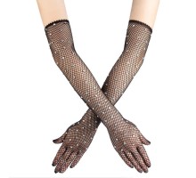 Siyah Renk İncili Elmas İşlemeli File Örgü Uzun Eldiven 45 cm