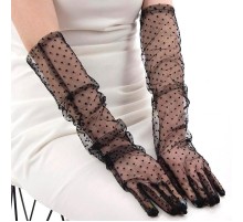 Uzun Boy Siyah Puantiyeli Siyah Renk Yetişkin Tül Eldiven 55 cm