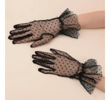 Kısa Boy Güpürlü Siyah Puantiyeli Tül Eldiven Siyah Renk