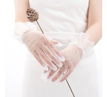 Kısa Boy Likralı Güpürlü Yetişkin Tül Eldiven Beyaz Renk