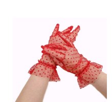 Kısa Boy Güpürlü Kırmızı Puantiyeli Tül Eldiven Kırmızı Renk