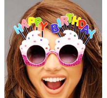 Happy Birthday Yazılı Beyaz Fuşya Renk Parti Gözlüğü 12x7 cm