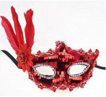 Kırmızı Payetli Pullu Kırmızı Renk Yandan Tüylü Parti Maskesi 18x22 Cm