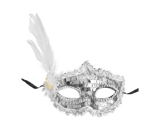 toptan-xml-dropshipping-Gümüş Payetli Pullu Beyaz Renk Yandan Tüylü Parti Maskesi 18x22 Cm