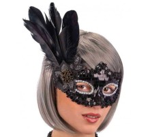 Siyah Payetli Pullu Siyah Renk Yandan Tüylü Parti Maskesi 18x22 Cm
