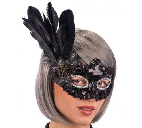 toptan-xml-dropshipping-Siyah Payetli Pullu Siyah Renk Yandan Tüylü Parti Maskesi 18x22 cm