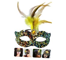 Siyah Kadife Üzeri Rengarenk Payetli Pullu Sarı Tüylü Sarı Taşlı Parti Maskesi 19x21 cm