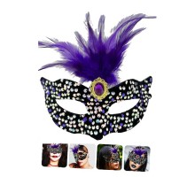 Siyah Kadife Üzeri Rengarenk Payetli Pullu Mor Tüylü Mor Taşlı Parti Maskesi 19x21 cm