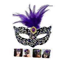 Siyah Kadife Üzeri Rengarenk Payetli Pullu Mor Tüylü Mor Taşlı Parti Maskesi 19x21 cm